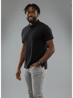 Alex Rosen Siyah Polo Yaka Pamuklu Yarım Kollu Basic Düz Tişört