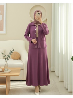 Modamorfo Önü Düğmeli Etekli Yakalı Triko Takım -Mürdüm