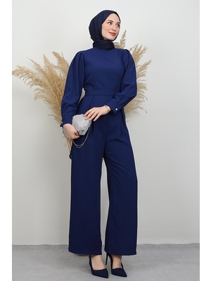 Arkası Parça Detaylı Tesettür Tulum Lacivert