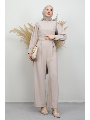 Arkası Parça Detaylı Tesettür Tulum Vizon