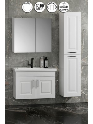 Özceden Salkım 65+35 cm Beyaz Balon Mdf Seramik Lavabolu Asma Banyo Dolabı Takımı