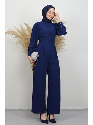 Arkası Parça Detaylı Tesettür Tulum Lacivert