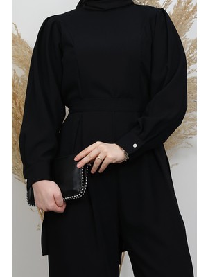 Arkası Parça Detaylı Tesettür Tulum Siyah