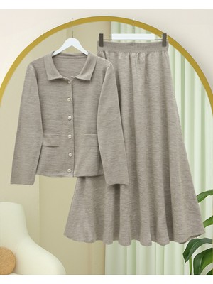 Modamorfo Önü Düğmeli Etekli Yakalı Triko Takım -Toprak