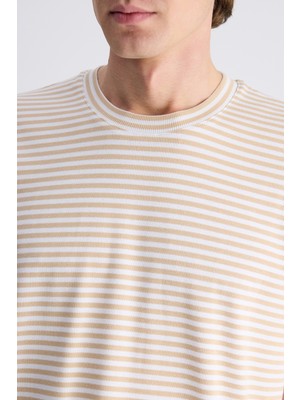 D'S Damat Ds Damat Regular Fit Bej Çizgili Pamuklu T-Shirt 4HC146171053M