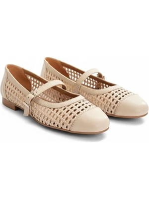 Ne&Ve Shoes Deri Biye Örgü Detaylı Tokalı Kadın Babet