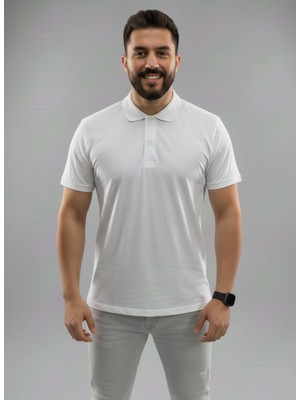 Alex Rosen Beyaz Polo Yaka Pamuklu Yarım Kollu Basic Düz Tişört