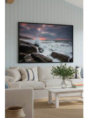 Safir Design Fırtınalı Deniz ve Kayalıklara Vuran Dalgalar Temalı Çerçeveli Tablo