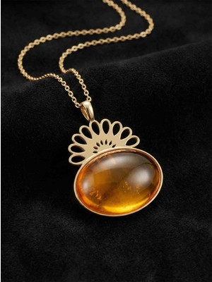 Roza Silver 925 Ayar Gümüş Halef Dizisi Gözyaşı Kolyesi, Sarı Kalsedon Doğal Taşlı Elişi Telkari Gümüş Kolye