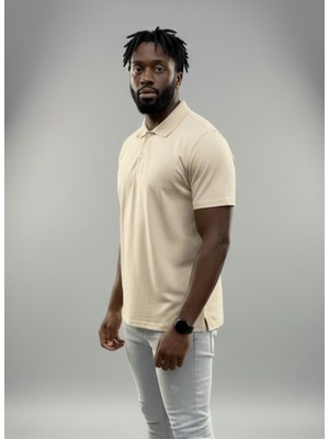 Alex Rosen Bej Polo Yaka Pamuklu Yarım Kollu Basic Düz Tişört