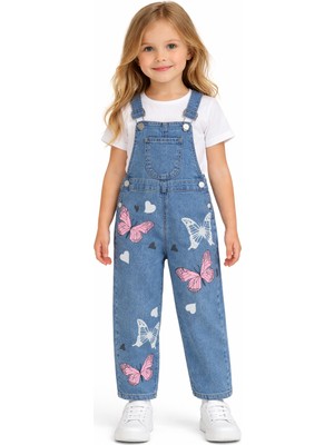 Bilge Trend Kız Çocuk 3/7 Yaş Kelebek Baskılı Kot Denim Salopet Tulum
