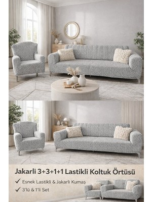 Faiend Jakarlı Düz Desen Esnek Kanepe kılıfı Tamıkı Koltuk Örtüsü 3+3+1+1 Yıkanabilir koltuk Kılıfı Kanepe Çekyat örtüsü Takımı Taş-Gri