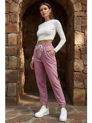Ross Moda Kadın Pembe 3 Iplik Düz Elastik Bel ve Paça Termal Astarlı Jogger Eşofman Altı