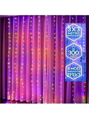 Yeco Rgb 300 LED Perde Işık 3x3 Metre, 10 Sarkıtlı, 8 Modlu, Kumandalı Dekoratif Çok Renkli Peri LED