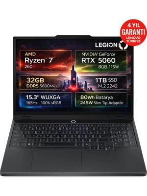 Lenovo Legion 5 15AHP10 AMD Ryzen 7 260 32GB 1TB SSD RTX 5060 8GB 15.3" WUXGA (1920X1200) IPS 165Hz 115W Freedos Taşınabilir Bilgisayar 83M00064TR