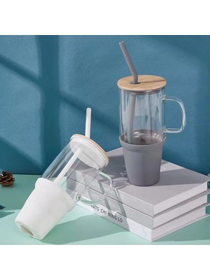 İbico Ibico Safirs Bambu Kapaklı Çelik Pipetli Renkli Big Mug Büyük  Boy Cam Kupa Bardak Cam Termos 1lt
