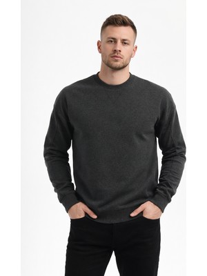 Polo State Erkek Antrasit 3 Iplik Şardonlu Kalın Basic Bisiklet Yaka Oversize Sweatshirt