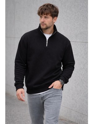 Polo State Unisex Yarım Fermuarlı Dik Yaka Regular Fit Basic Siyah Sweatshirt