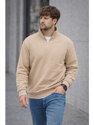 Polo State Unisex Yarım Fermuarlı Dik Yaka Regular Fit Basic Bej Sweatshirt