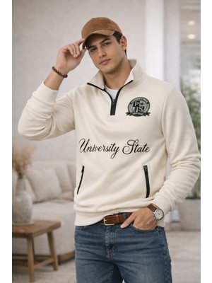 Polo State Erkek Dik Yaka Yarım Fermuarlı Baskılı Sweatshirt Ekru