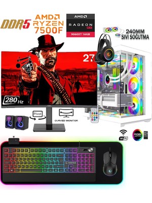Apphirex Prime 59W Ryzen 5 7500F 16GB Ddr5 1tb M2 SSD RX9060XT 16GB 27'' 280Hz Beyaz Sıvı Soğutmalı Masaüstü Oyun Bilgisayarıı