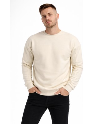 Polo State Erkek Ekru 3 Iplik Şardonlu Kalın Basic Bisiklet Yaka Oversize Sweatshirt