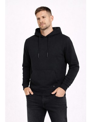 Polo State Erkek Kapüşonlu 3 Iplik Içi Şardonlu Nakışlı Sweatshirt Siyah