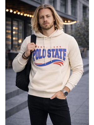 Polo State Erkek Kapüşonlu Baskılı Kanguru Cepli 3 Iplik Şardonlu Krem Sweatshirt