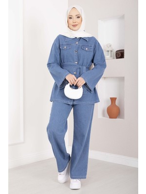 Md Kemer Detaylı Ceket Pantolon Kot Takım Açık Mavi