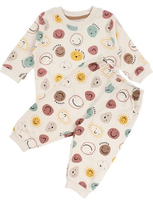 by BebekOdam Unisex Bej Renkli Emoji Baskılı Pijama Takımı - 1016585