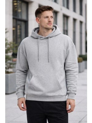 Polo State Erkek Oversize Kapüşonlu Kanguru Cepli 3 Iplik Içi Polarlı Gri Sweatshirt