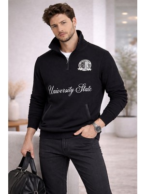 Polo State Erkek Dik Yaka Yarım Fermuarlı Baskılı Sweatshirt Siyah