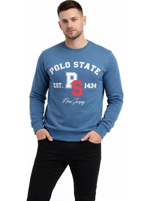 Polo State Erkek 3 Iplik Şardonsuz Pamuklu Regular Fit Baskılı Bisiklet Yaka Mavi Sweatshirt