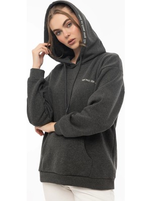Quhox Kadın Kapüşonlu 3 Iplik Sweatshirt Antrasit Melanj