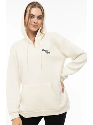 Quhox Kadın Kapüşonlu Cherry Nakışlı Oversize Sweatshirt Ekru