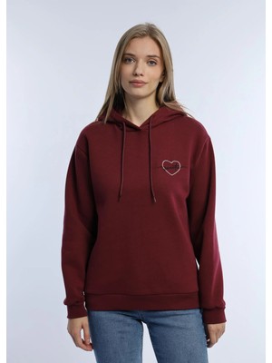 Quhox Kadin Kalp Nakışlı 3 Iplik Sweatshirt Bordo