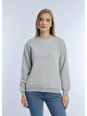 Quhox Kadın Bisiklet Yaka 3 Iplik Şardonlu Sweatshirt Gri Melanj