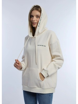 Quhox Kadın Kapüşonlu 3 Iplik Sweatshirt Ekru