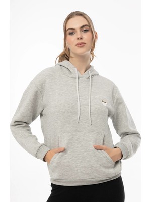 Quhox Kadin Coffe Nakışlı Kapüşonlu Sweatshirt Gri Melanj