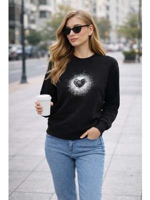 Polo State Kadın Siyah Kalp Baskılı Regular Sweatshirt Günlük Rahat Basic Sweat