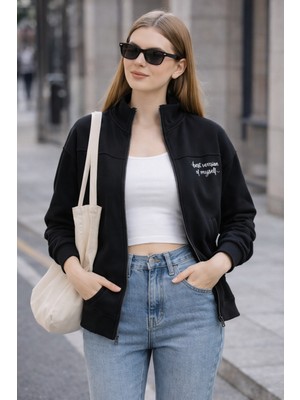Polo State Kadın Siyah Fermuarlı Sweat Ceket – Regular Fit Günlük Spor Eşofman Üstü