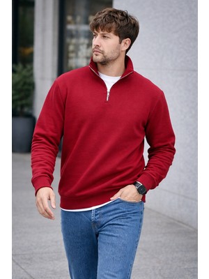 Polo State Unisex Yarım Fermuarlı Dik Yaka Regular Fit Basic Kırmızı Sweatshirt