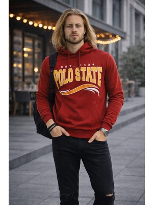 Polo State Erkek Kapüşonlu Baskılı Kanguru Cepli 3 Iplik Şardonlu Kırmızı Sweatshirt