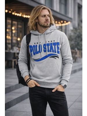 Polo State Erkek Kapüşonlu Baskılı Kanguru Cepli 3 Iplik Şardonlu Gri Sweatshirt