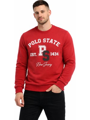Polo State Erkek 3 Iplik Şardonsuz Pamuklu Regular Fit Baskılı Bisiklet Yaka Kırmızı Sweatshirt