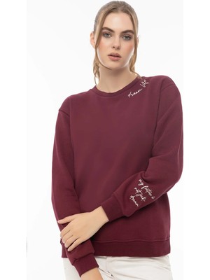 Quhox Kadın 3 Iplik Şardonlu Bisiklet Yaka Sweatshirt Bordo