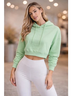 Polo State Kadın Kapüşonlu Crop Sweatshirt Yeşil – 3 Iplik Şardonlu Rahat Kalıp