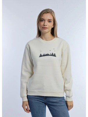 Quhox Kadın 3 Iplik Şardonlu Woodall Mtn Baskıli Sweatshirt Ekru