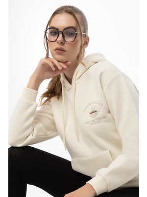Quhox Kadin Coffe Nakışlı Kapüşonlu Sweatshirt Ekru
