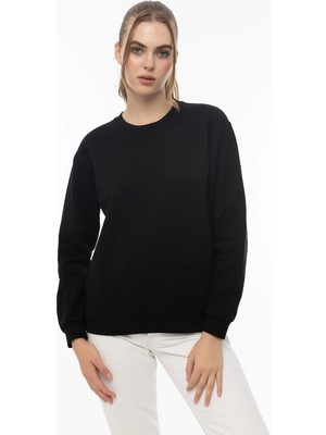 Quhox Kadın Bisiklet Yaka 3 Iplik Şardonlu Sweatshirt Siyah
